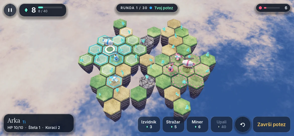 Hexfall Ark selection showing recruitment choices and the liftoff action.
