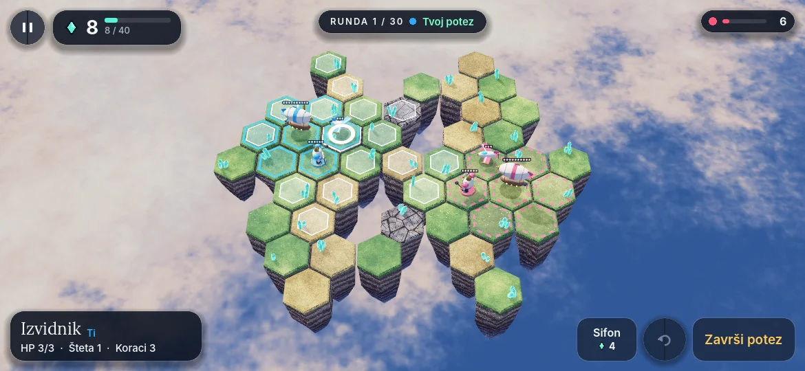 Hexfall development screenshot showing a floating hex island, airships, scouts and marked movement tiles.