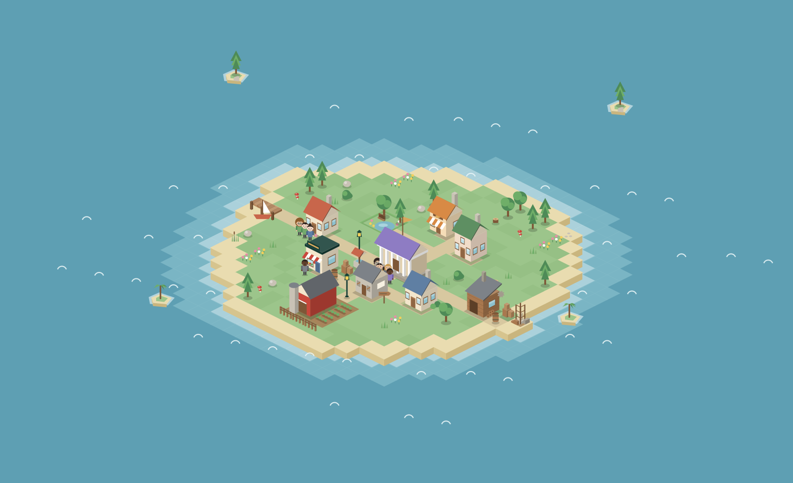 Development render of the Tiny World island with homes, trees and residents.