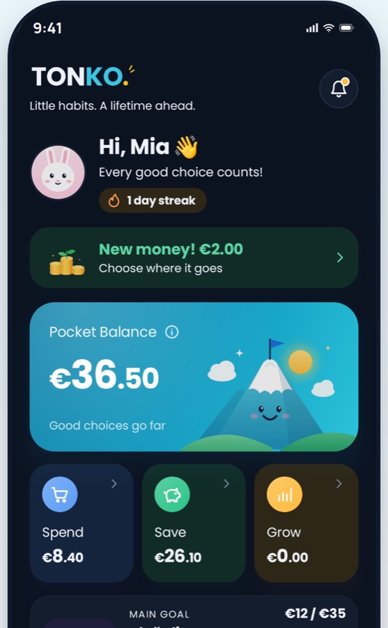 Tonko child dashboard showing pocket money, Spend, Save and Grow jars, and a savings goal.